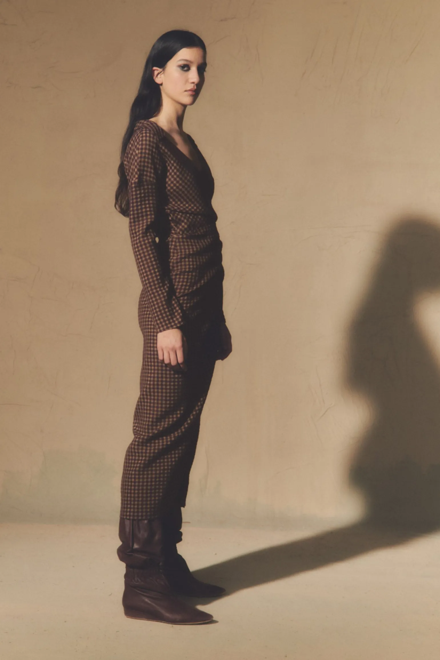 Norima, burgundy checked wrap dress