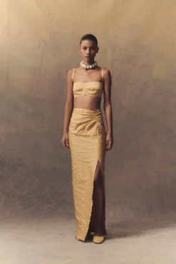Peaches, long draped pencil skirt