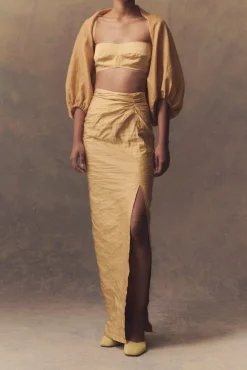 Peaches, long draped pencil skirt