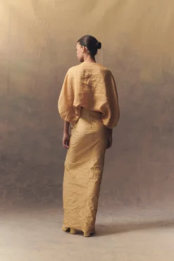 Peaches, long draped pencil skirt
