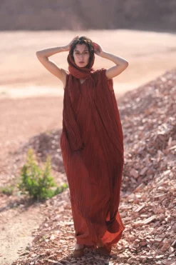 Rita, long mahogany silk dress