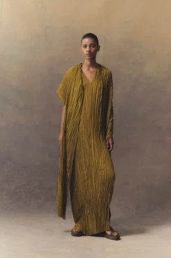 Rita, long olive green silk dress
