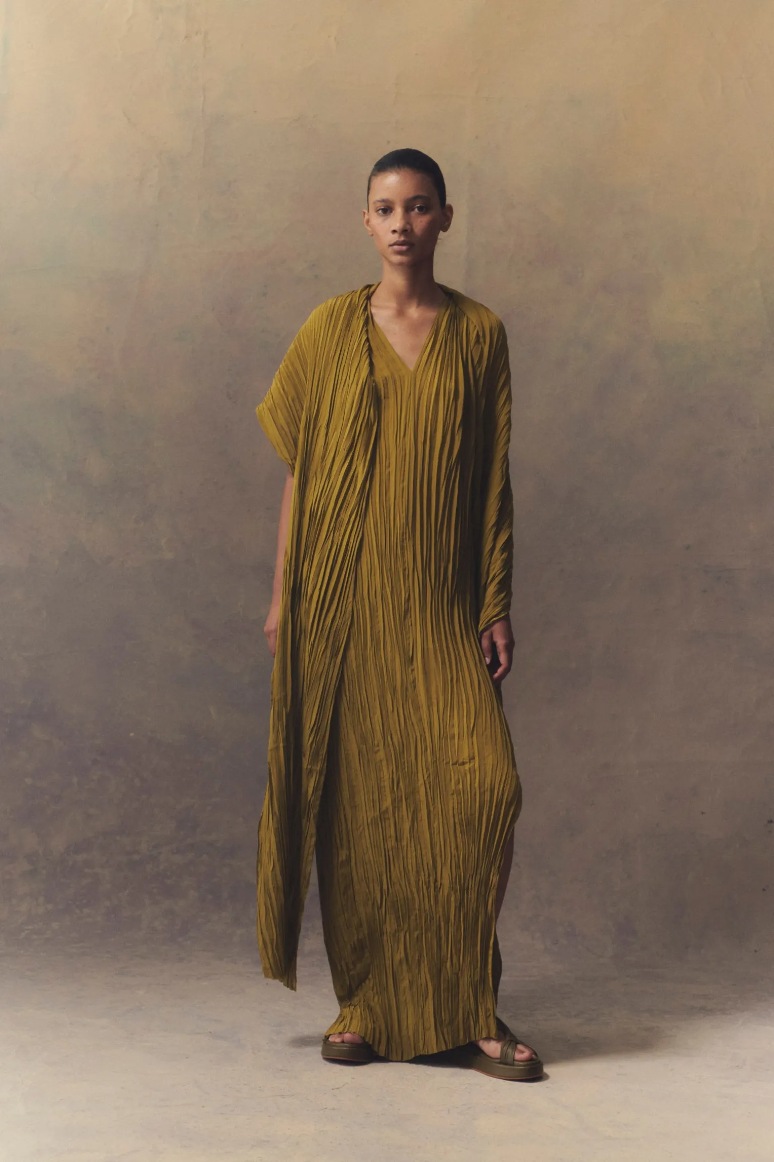 Rita, long olive green silk dress