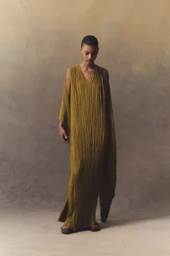 Rita, long olive green silk dress