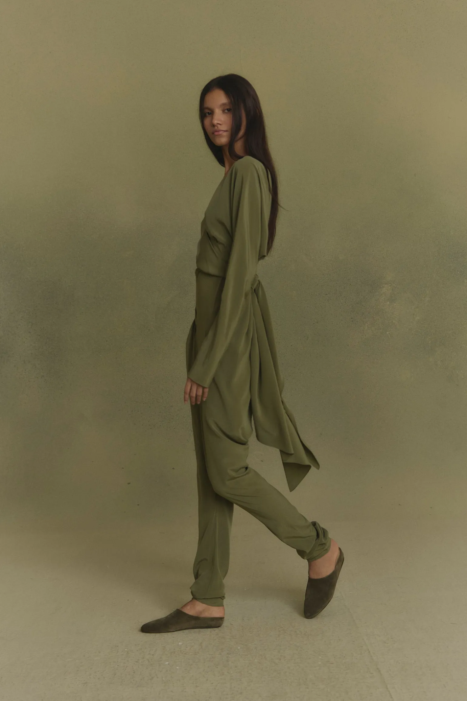 Serp, olive green stretch silk jumpsuit