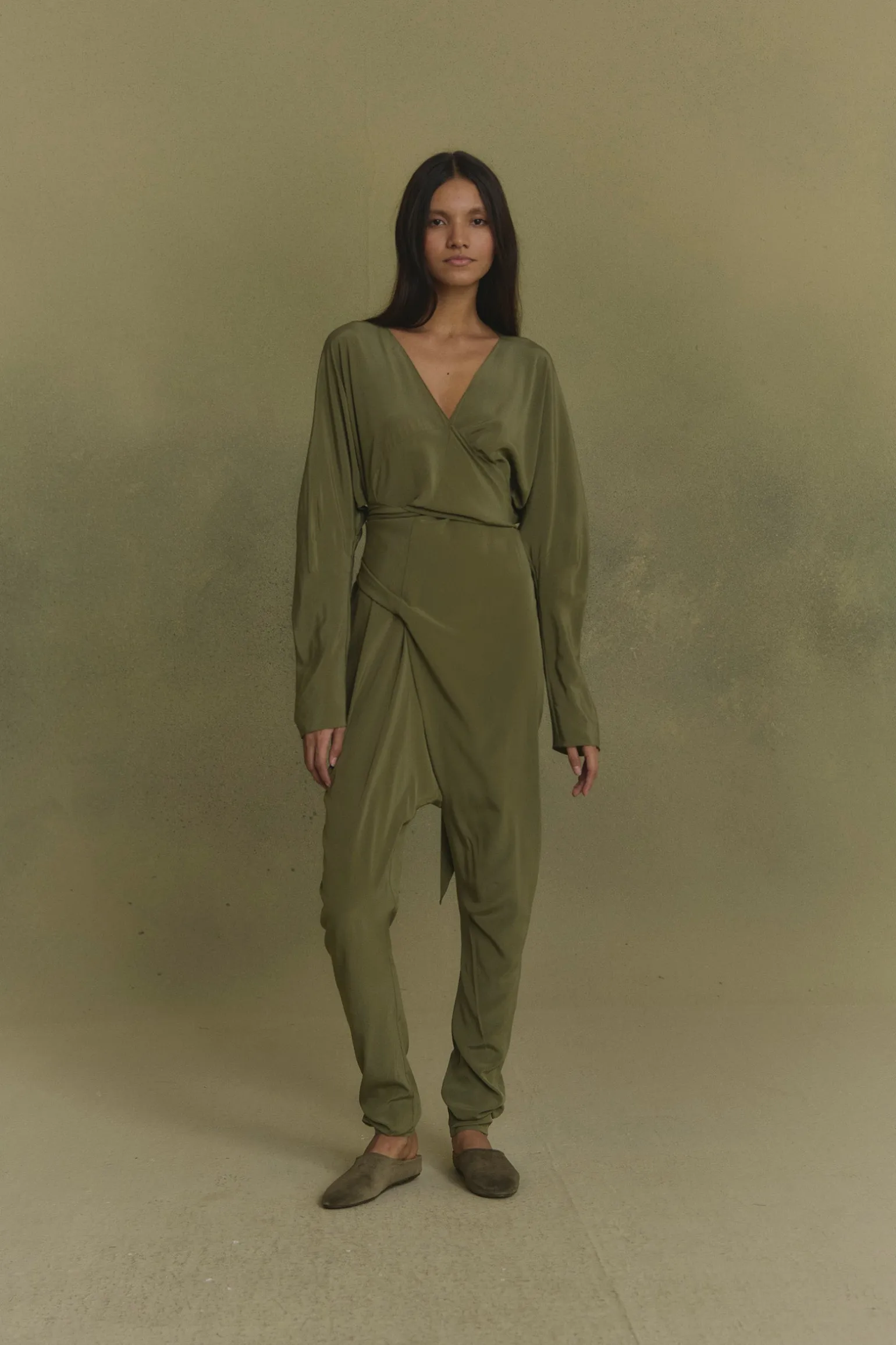 Serp, olive green stretch silk jumpsuit