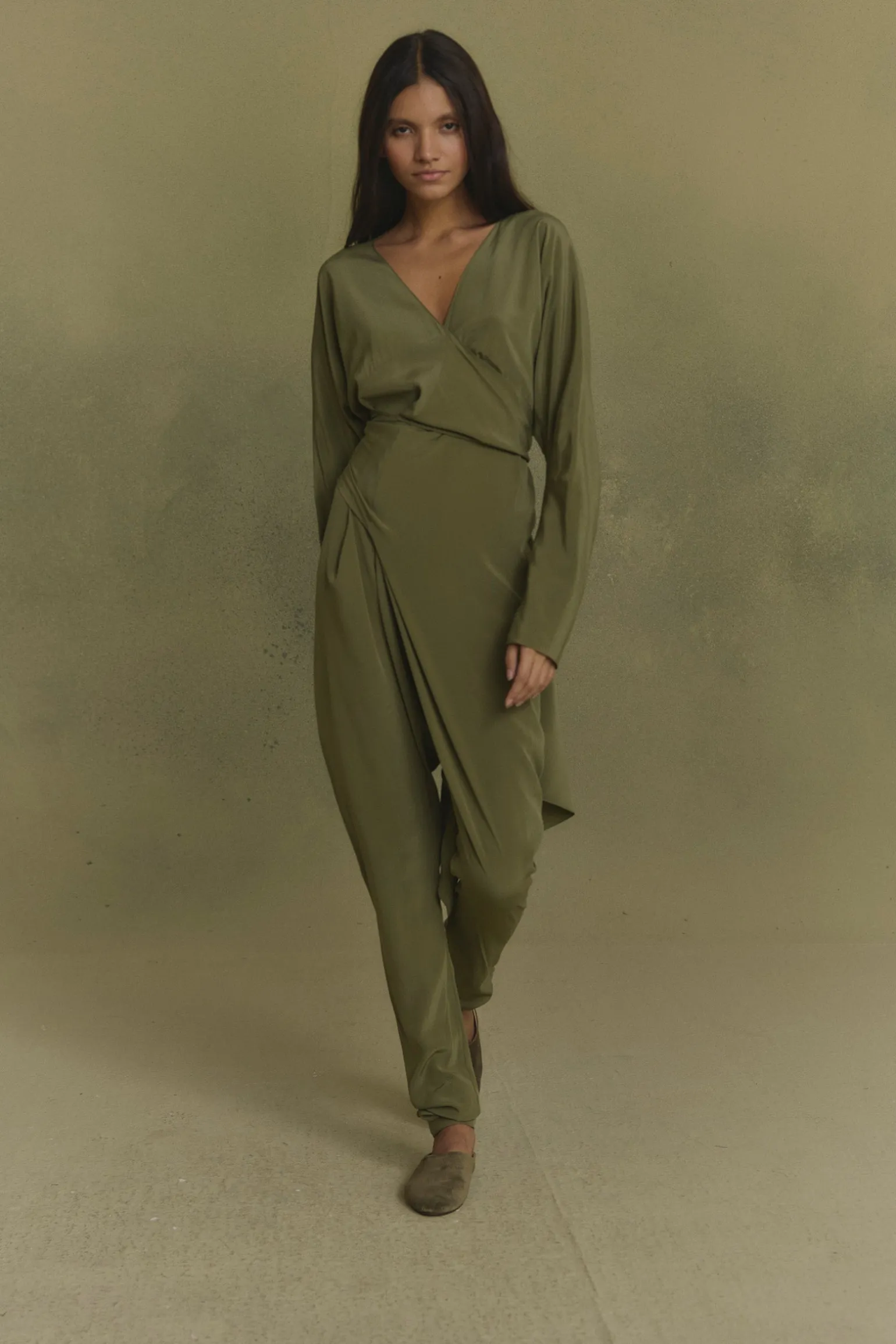 Serp, olive green stretch silk jumpsuit