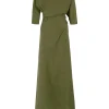 Tanami, long dress in jungle green linen and silk