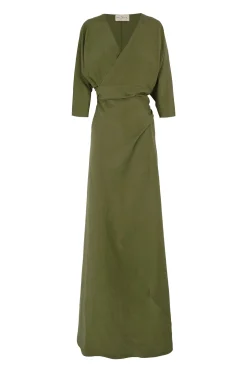Tanami, long dress in jungle green linen and silk