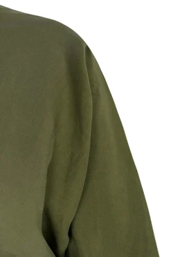 Tanami, long dress in jungle green linen and silk