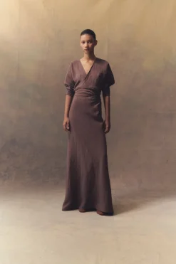 Tanami, long dress in jungle green linen and silk