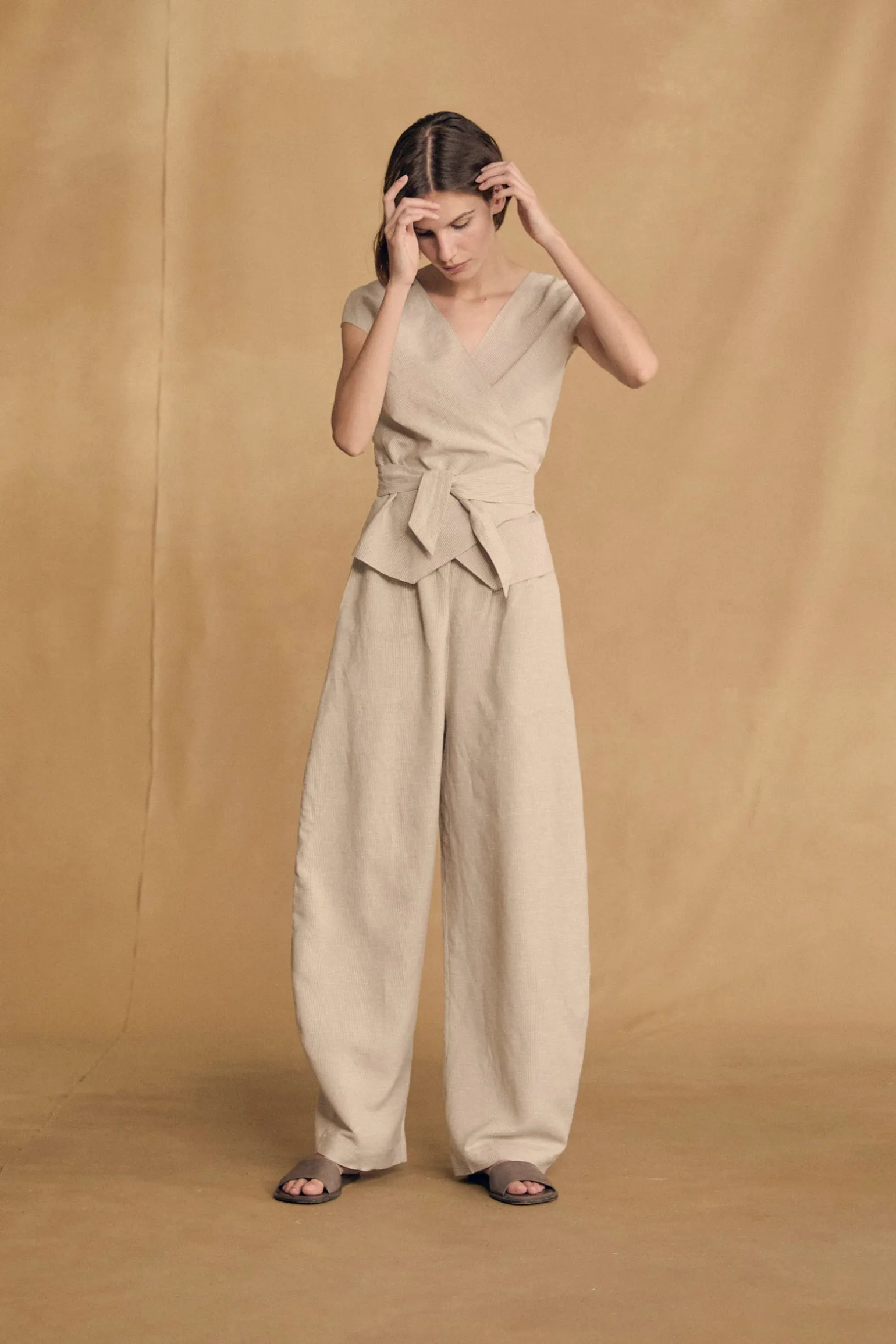 Tilo, gray and brown striped pants