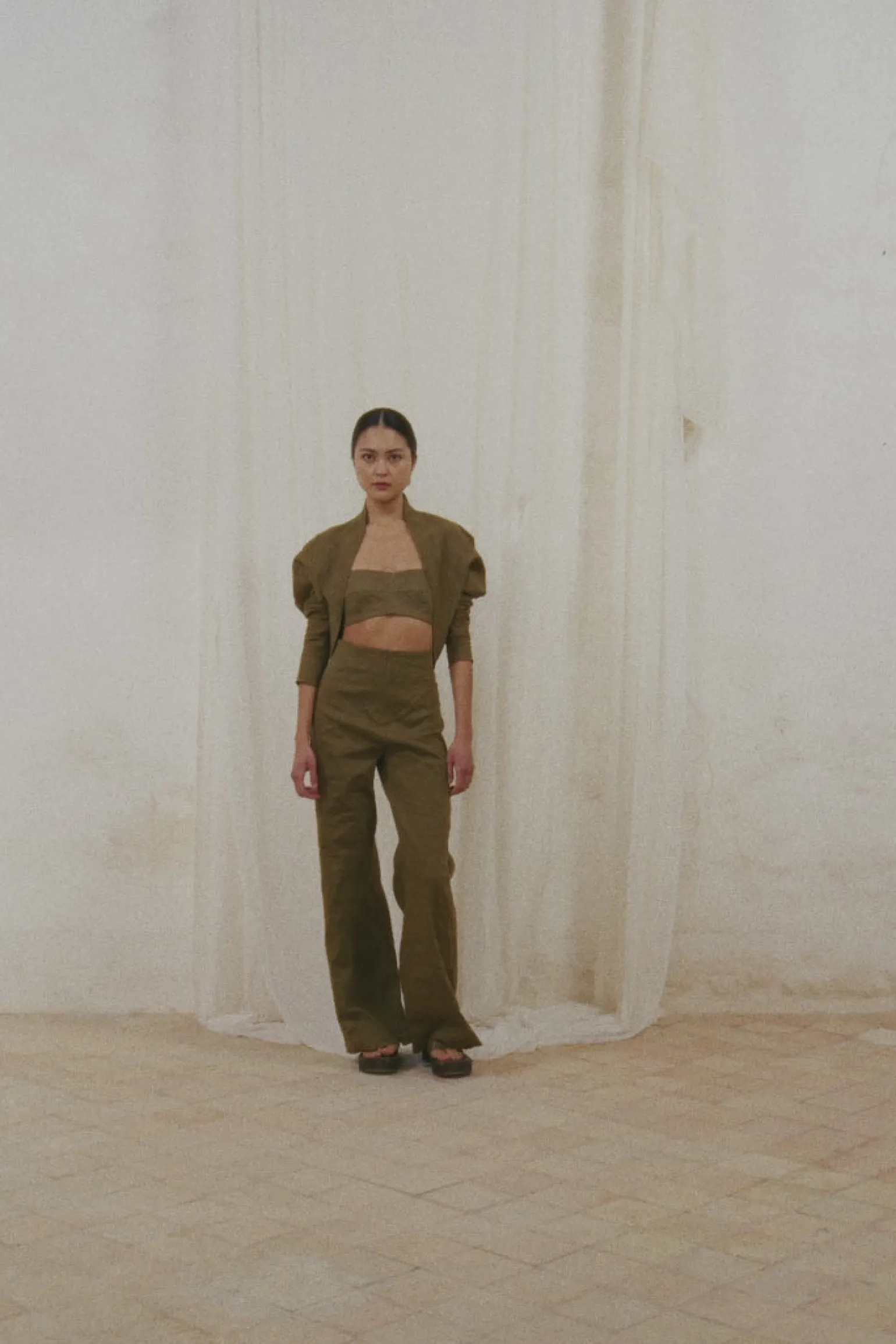 Tourmaline, khaki bustier top