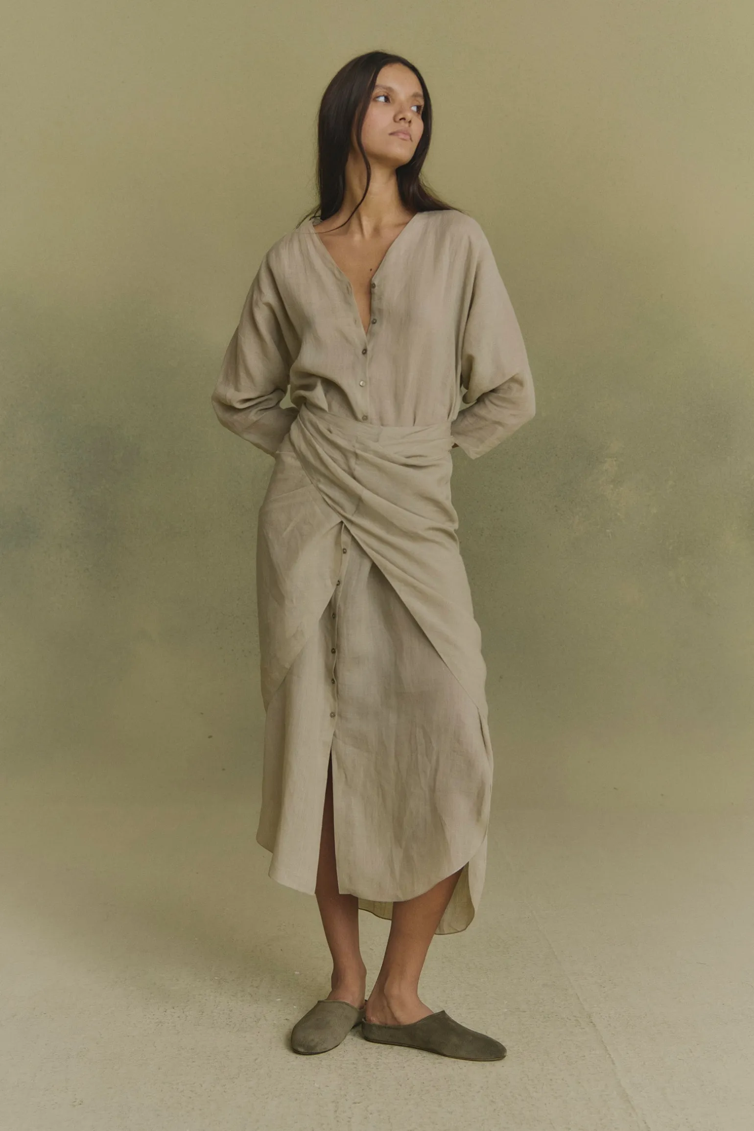 Tramonto, sage green ramie midi dress