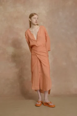 Tramonto, tangerine ramie midi dress