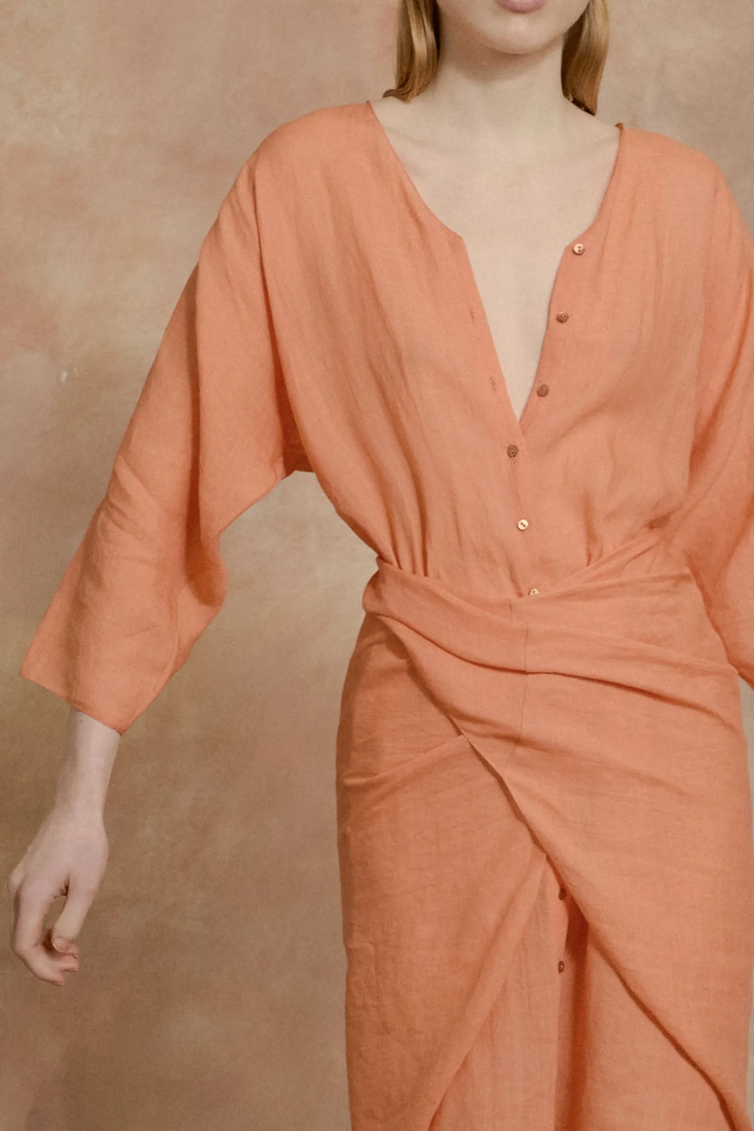 Tramonto, tangerine ramie midi dress