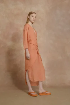 Tramonto, tangerine ramie midi dress